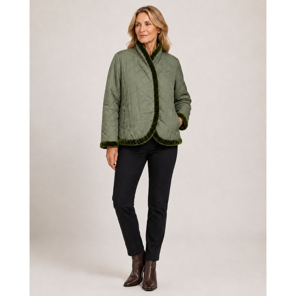 Pow Wow Quilted Jacket Womens 4 Green Satin Velvet Trim Pockets Holiday